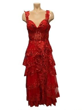 Alyce Red Tiered Lace & Sequin Prom Gown Size S